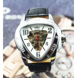 Dynamic Inverted Triangle Automatic Watch J279- Male Stainless Steel Skeleton Auto Mechanical Watches Leather Wristwatch