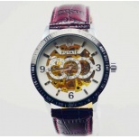 Trendy Men Automatic Watch J160- Male Stainless Steel Skeleton Auto Mechanical Watches Leather Band Wristwatch