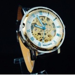 Water Resistant Automatic Watch J163- Male Steel Skeleton Auto Mechanical Watches Leather Band Wristwatch