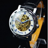 Water Resistant Automatic Watch J164- Male Steel Skeleton Auto Mechanical Watches Leather Band Wristwatch