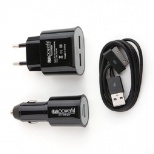 2-in-1 EU Plug European Standard Travel Charger Car Charge iPad iPhone Android Phone -Black