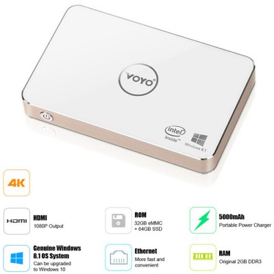 VOYO V2 TV Box Windows 10 4K 2GB 32GB Intel Baytrail T Z3735F Quad-Core HDMI WiFi Bluetooth with 8000mAh Lithium Battery