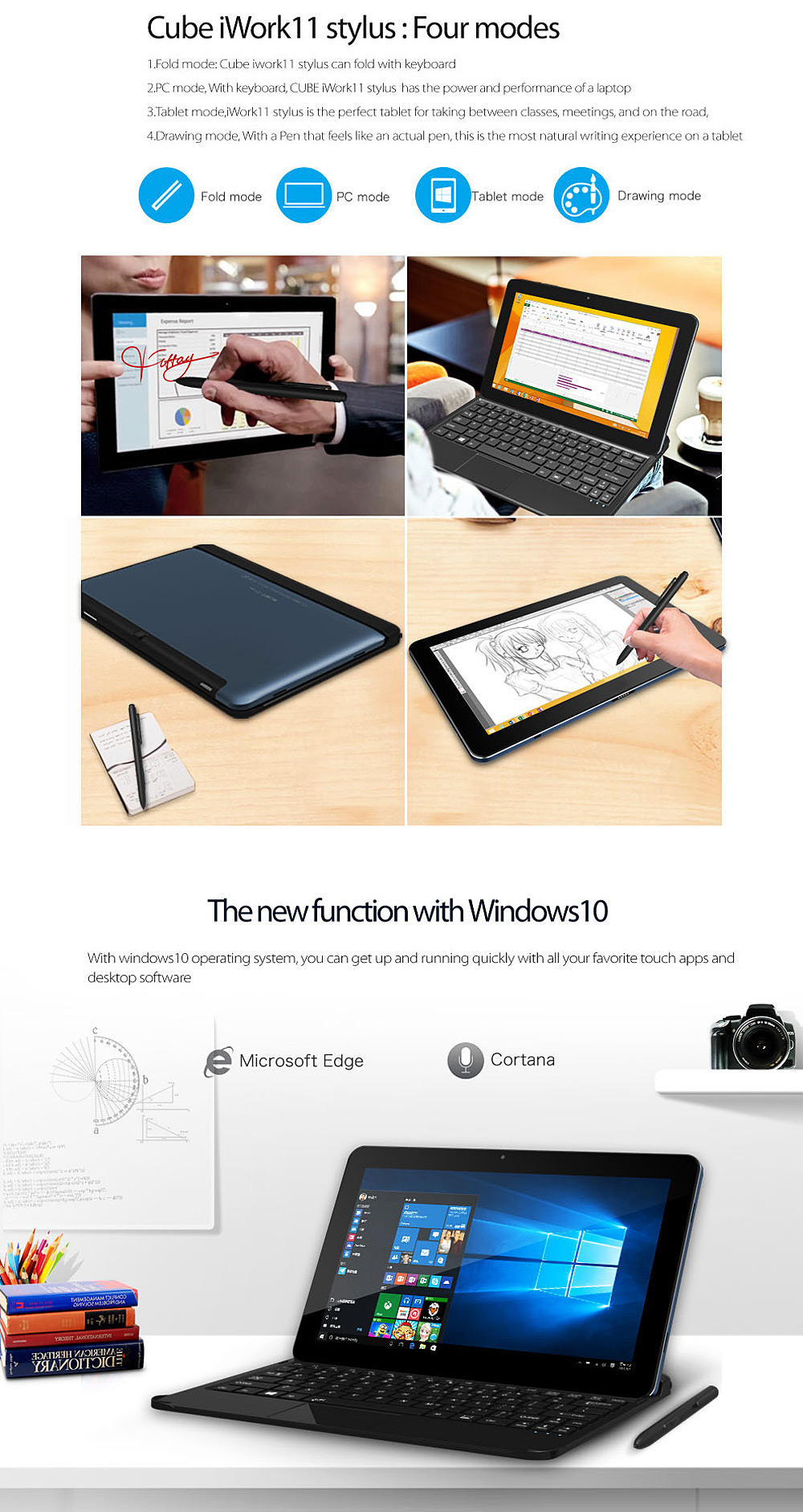 Cube iWork11 Tablet PC Intel Cherry Trail Z8300 64bit Quad Core 1.44GHz with 10.6 inch FHD IPS Screen Windows 10 4GB RAM 64GB ROM Dual Cameras GPS Supported