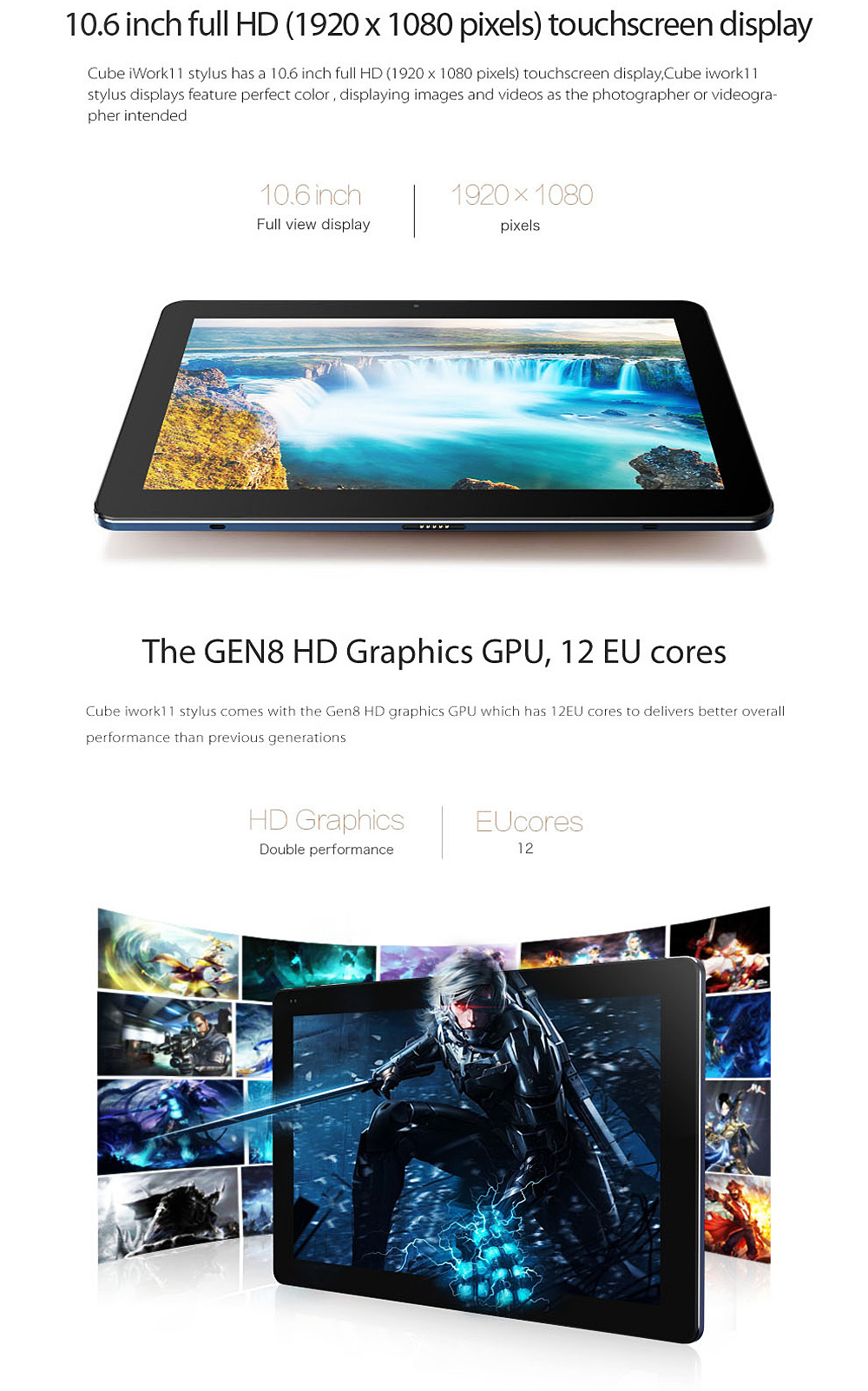 Cube iWork11 Tablet PC Intel Cherry Trail Z8300 64bit Quad Core 1.44GHz with 10.6 inch FHD IPS Screen Windows 10 4GB RAM 64GB ROM Dual Cameras GPS Supported