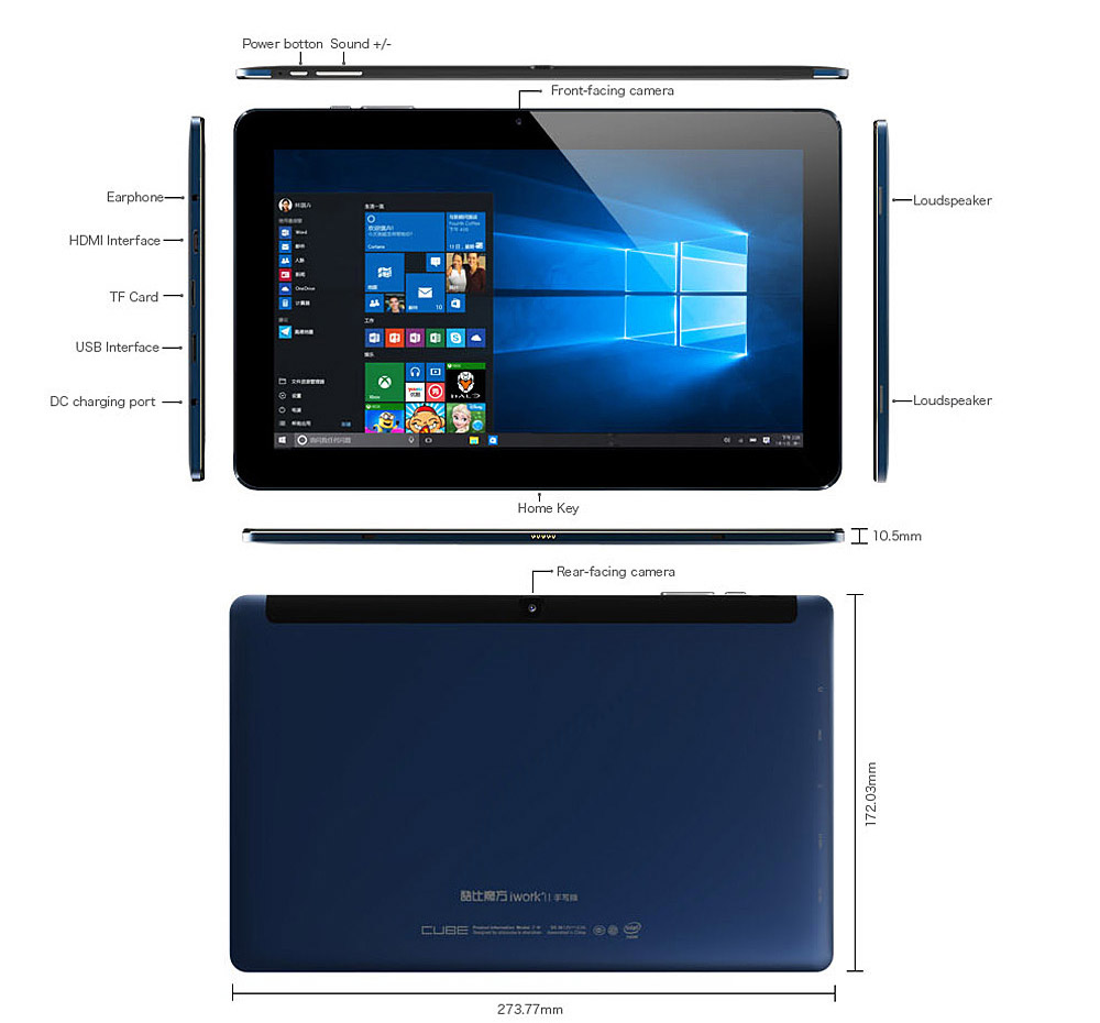 Cube iWork11 Tablet PC Intel Cherry Trail Z8300 64bit Quad Core 1.44GHz with 10.6 inch FHD IPS Screen Windows 10 4GB RAM 64GB ROM Dual Cameras GPS Supported