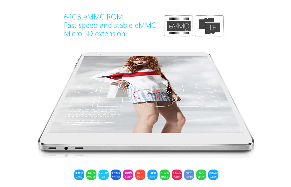 Teclast X98 Plus Tablet PC Intel Cherry Trail Z8300 64bit Quad Core 1.84GHz with 9.7 inch QXGA IPS Retina Screen Windows 10 64GB ROM Cameras