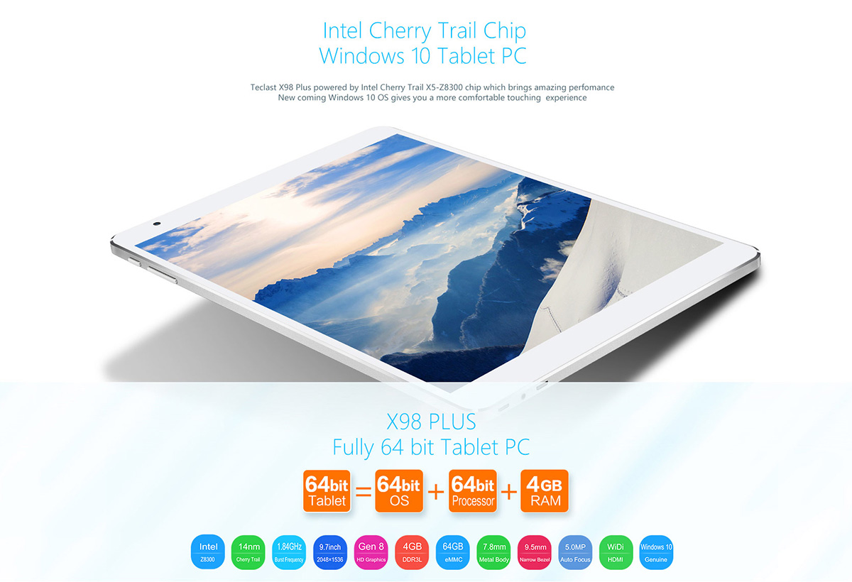 Teclast X98 Plus Tablet PC Intel Cherry Trail Z8300 64bit Quad Core 1.84GHz with 9.7 inch QXGA IPS Retina Screen Windows 10 64GB ROM Cameras