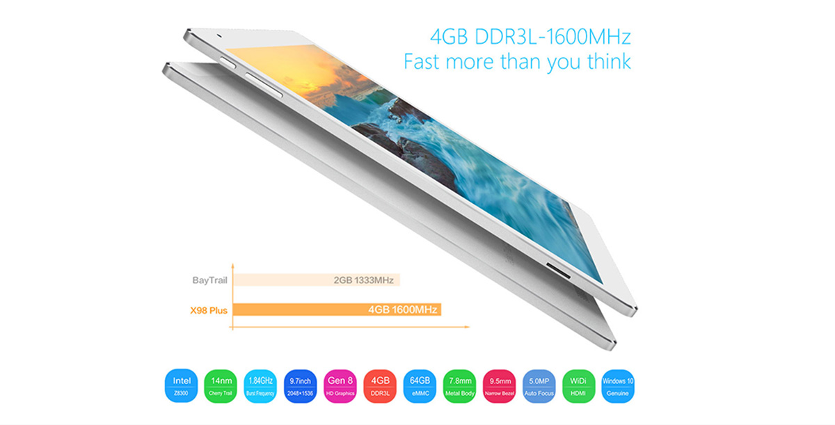 Teclast X98 Plus Tablet PC Intel Cherry Trail Z8300 64bit Quad Core 1.84GHz with 9.7 inch QXGA IPS Retina Screen Windows 10 64GB ROM Cameras